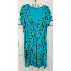 Fresh Produce Dress XL Aqua Blue Floral Print V Neck Short Sleeve Casual